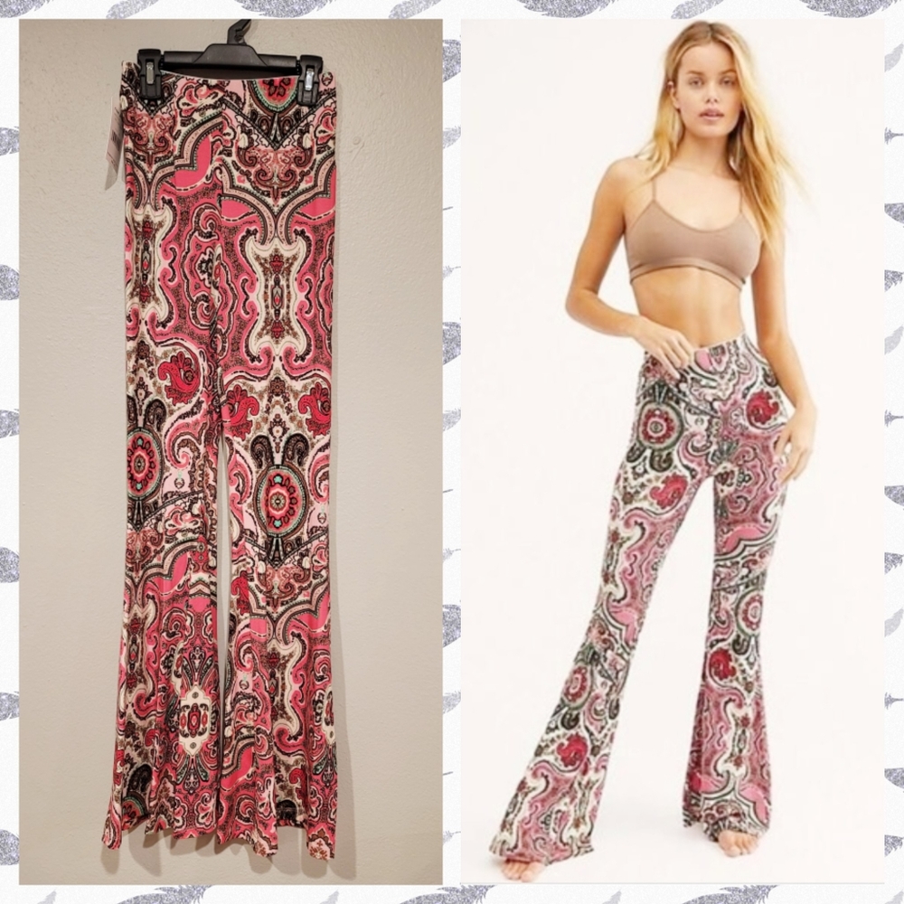 Free People Harper Pink Paisley Pull On Flare Pants